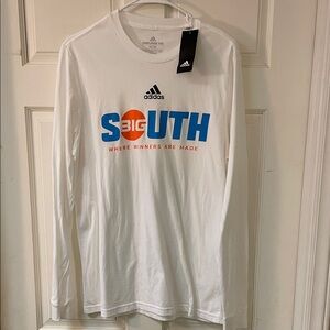 New with tag. Adidas Big South Conference White and Blue Long Sleeve Men's Tee